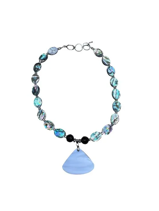 Vintage Mosaic Abalone Shell Bead Necklace Statement Pendant 18KGP Toggle Clasp - Picture 9 of 10